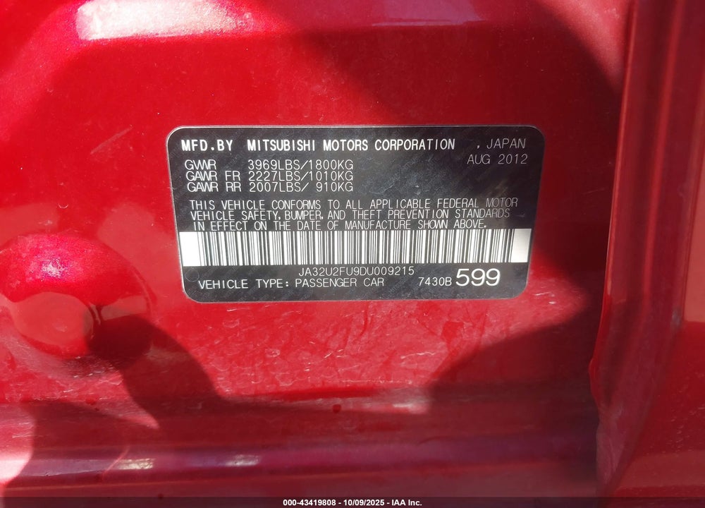 2013 MITSUBISHI LANCER VIN: JA32U2FU9DU009215