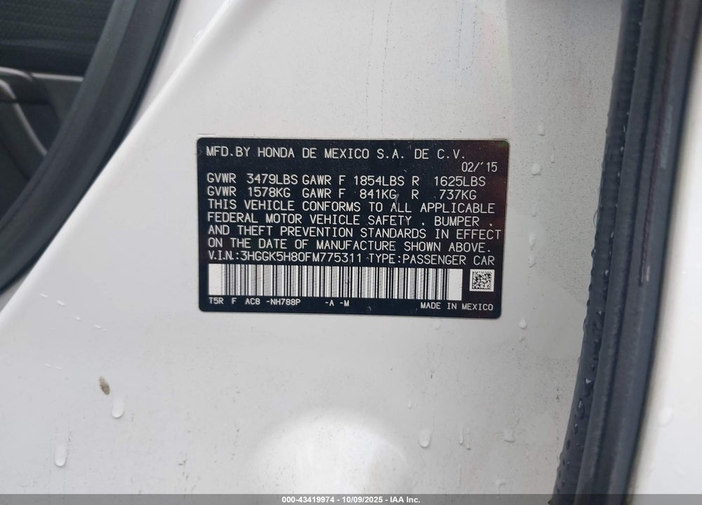2015 HONDA FIT EX/EX-L VIN: 3HGGK5H80FM775311