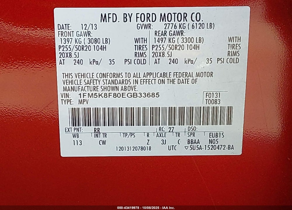 2014 FORD EXPLORER VIN: 1FM5K8F80EGB33685