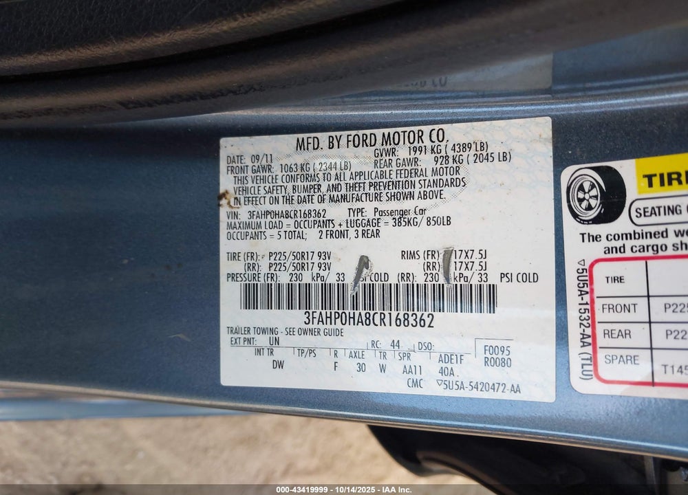 2012 FORD FUSION VIN: 3FAHP0HA8CR168362