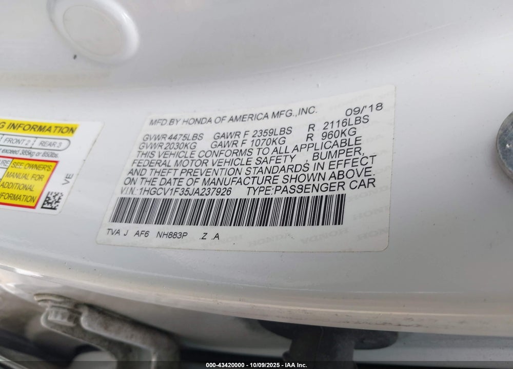 2018 HONDA ACCORD VIN: 1HGCV1F35JA237926