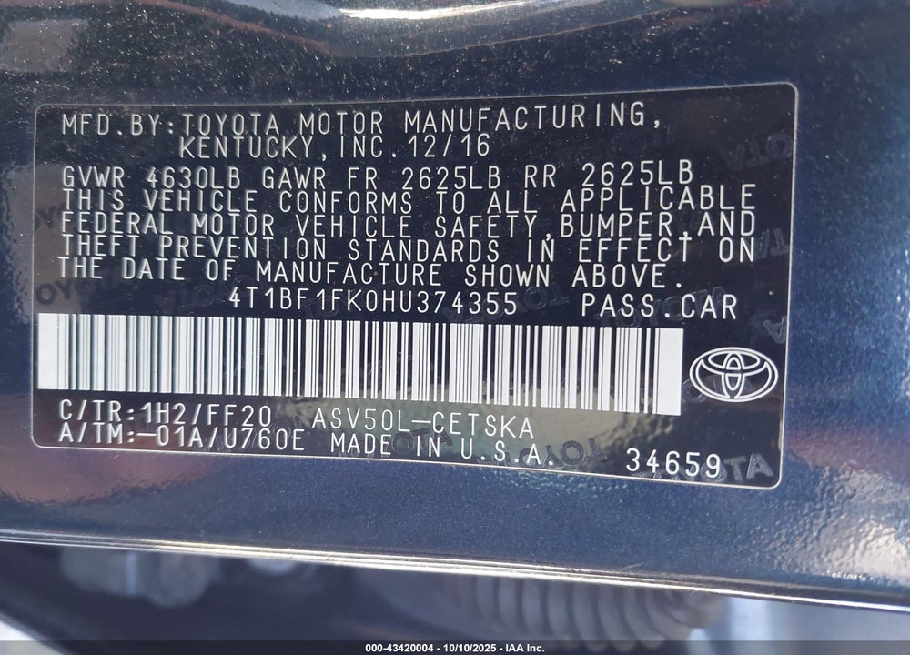 2017 TOYOTA CAMRY VIN: 4T1BF1FK0HU374355
