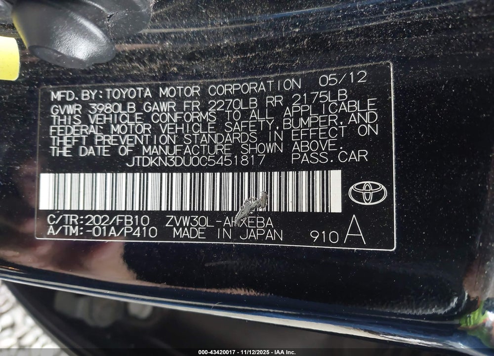2012 TOYOTA PRIUS VIN: JTDKN3DU0C5451817