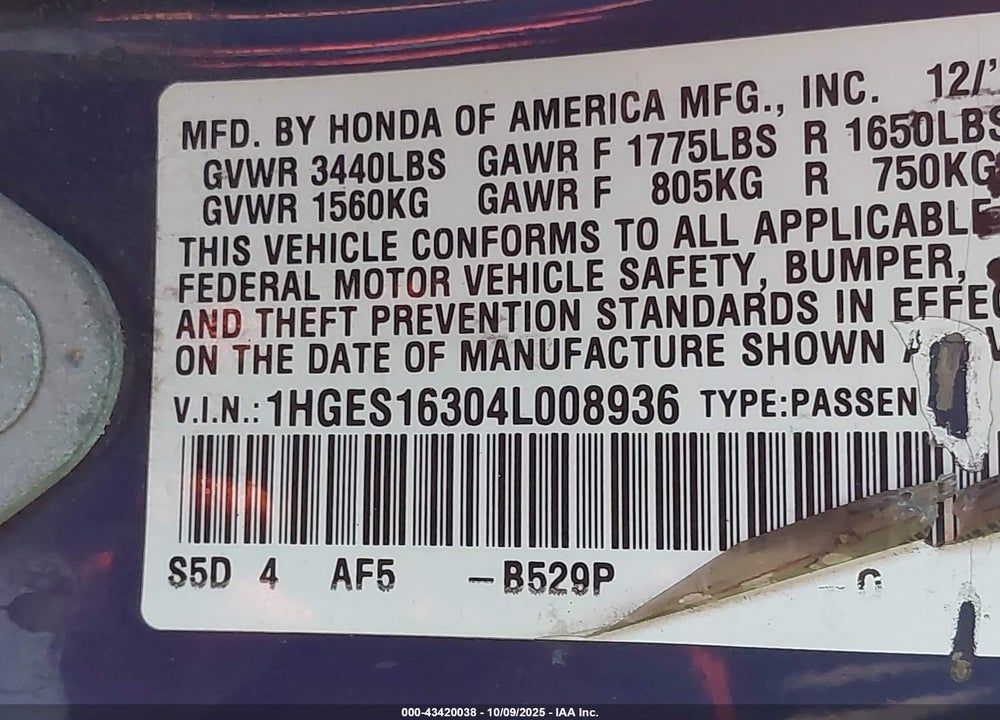 2004 HONDA CIVIC VP VIN: 1HGES16304L008936