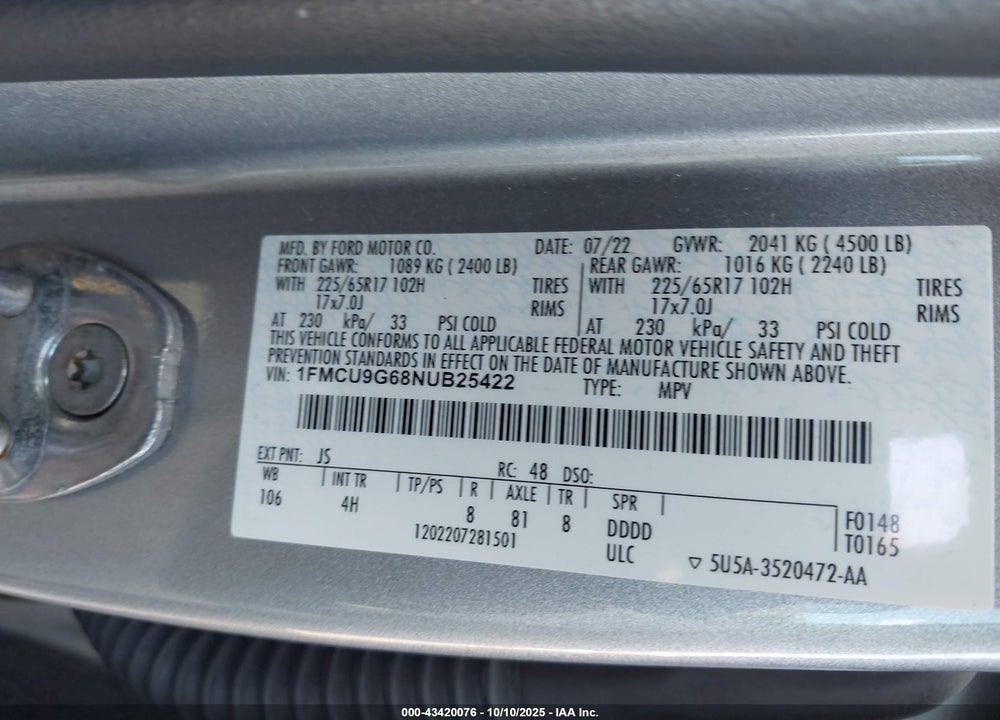 2022 FORD ESCAPE SE VIN: 1FMCU9G68NUB25422