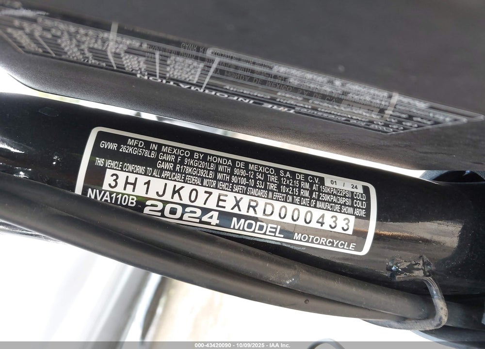 2024 HONDA NVA110 B VIN: 3H1JK07EXRD000433