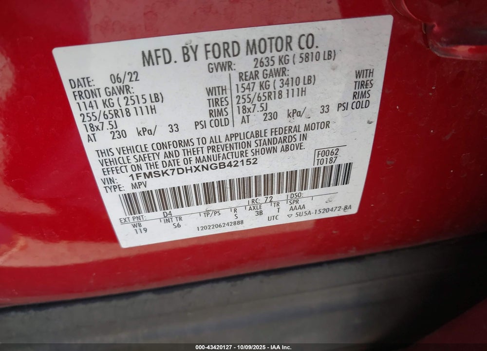 2022 FORD EXPLORER VIN: 1FMSK7DHXNGB42152