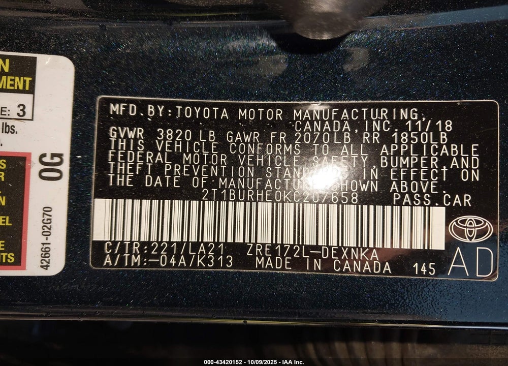 2019 TOYOTA COROLLA XLE VIN: 2T1BURHE0KC207658