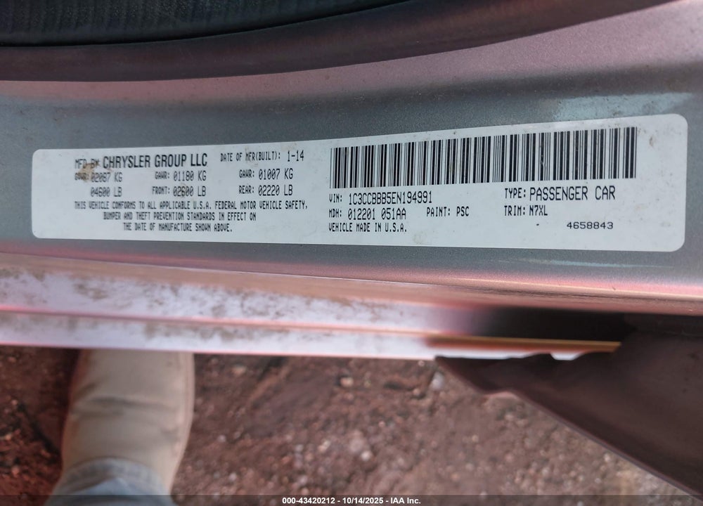 2014 CHRYSLER 200 TOURING VIN: 1C3CCBBB5EN194991