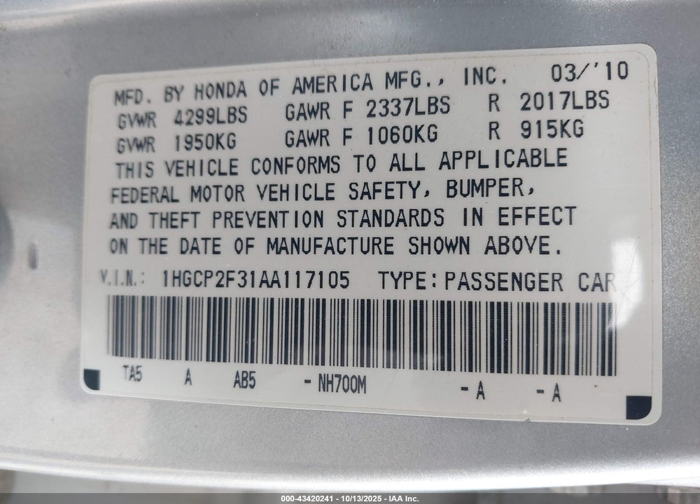 2010 HONDA ACCORD 2.4 LX VIN: 1HGCP2F31AA117105