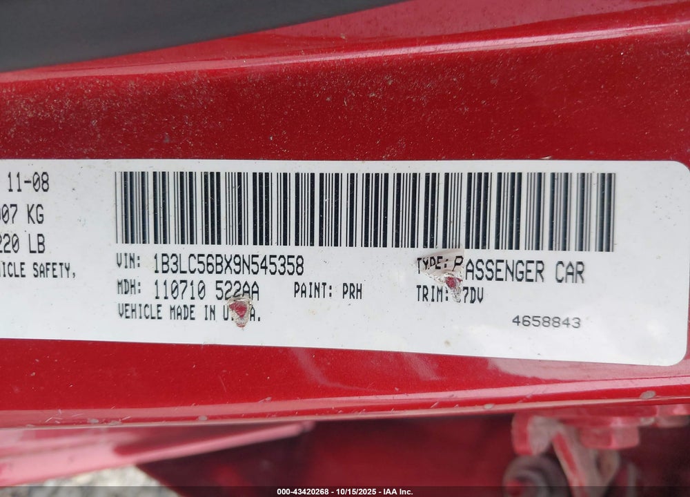 2009 DODGE AVENGER VIN: 1B3LC56BX9N545358