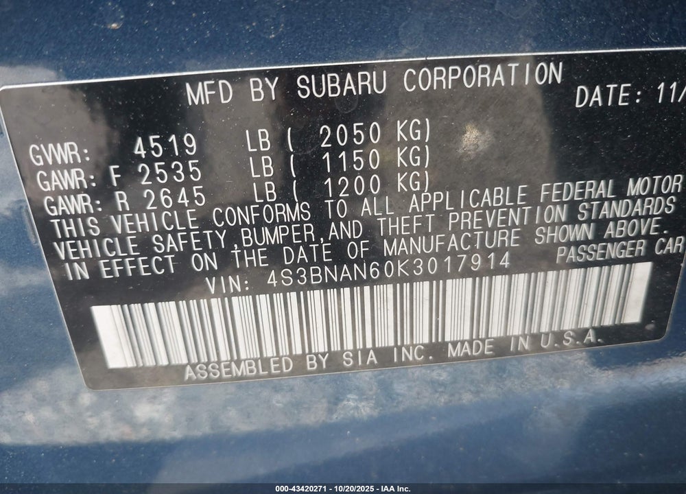 2019 SUBARU LEGACY VIN: 4S3BNAN60K3017914