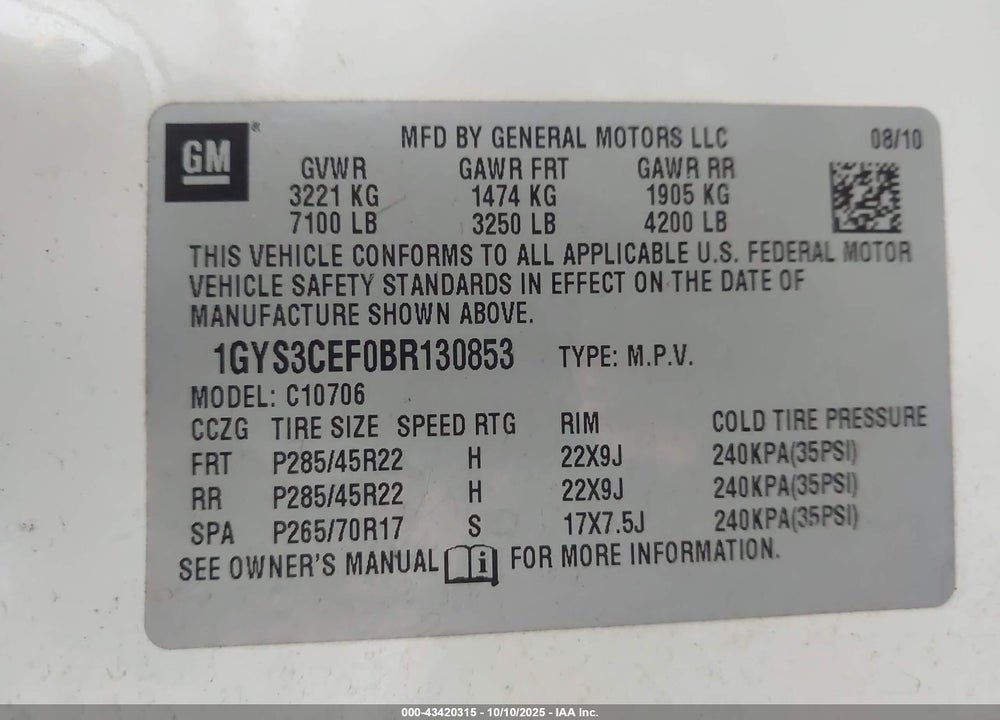 2011 CADILLAC ESCALADE VIN: 1GYS3CEF0BR130853