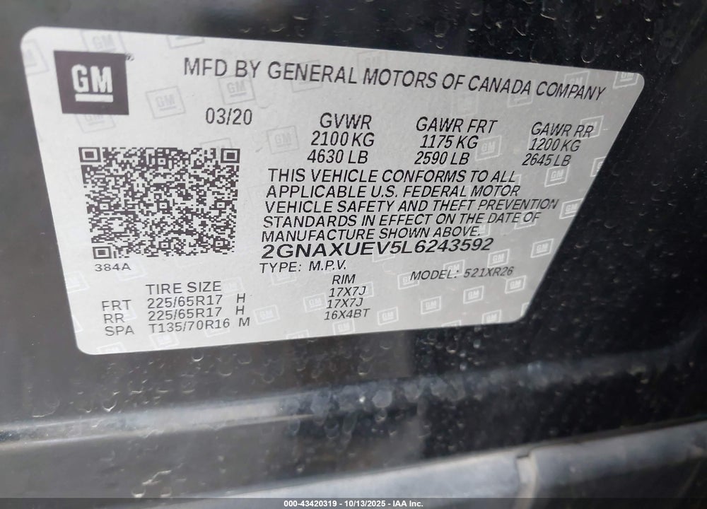 2020 CHEVROLET EQUINOX AWD LT 1.5L TURBO VIN: 2GNAXUEV5L6243592