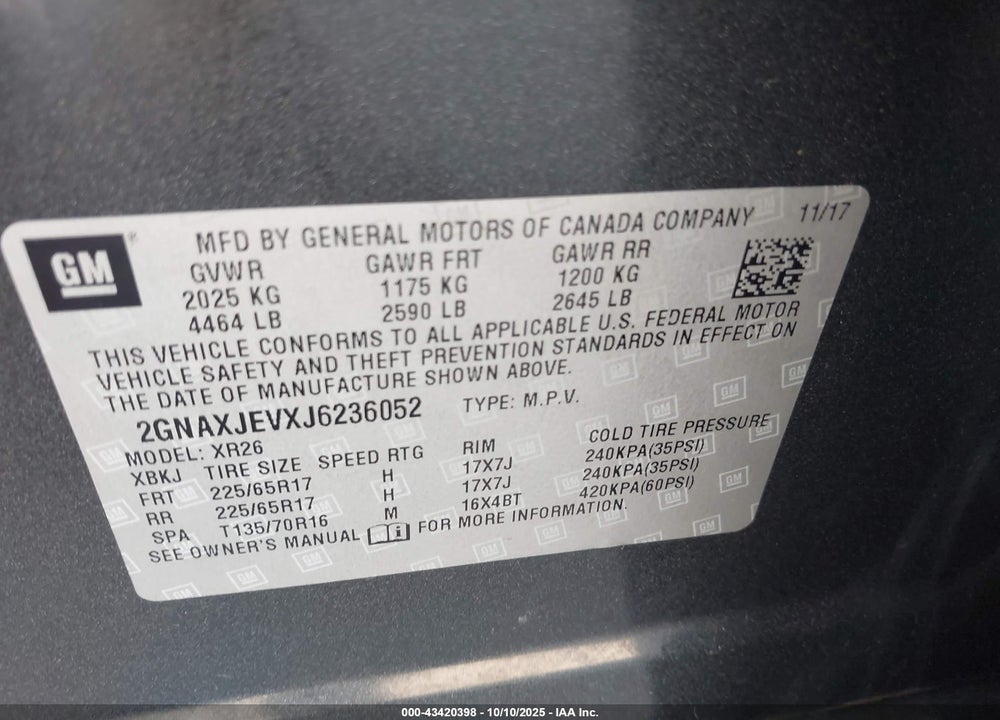 2018 CHEVROLET EQUINOX LT VIN: 2GNAXJEVXJ6236052