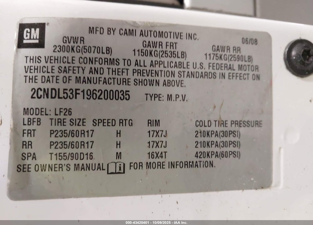 2009 CHEVROLET EQUINOX LT VIN: 2CNDL53F196200035