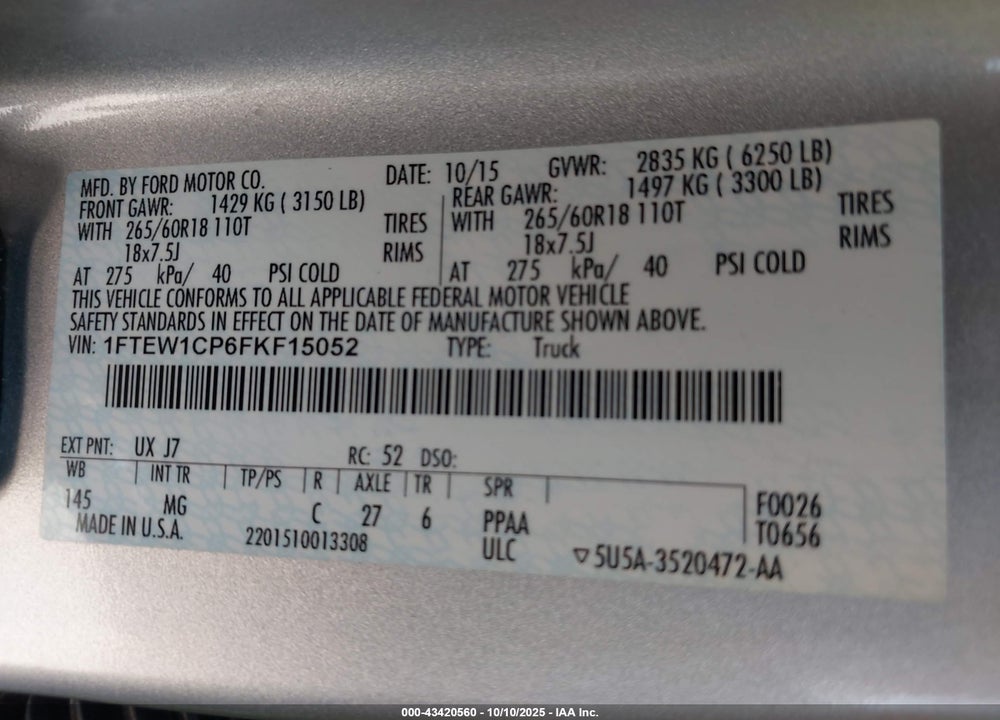 2015 FORD F-150 VIN: 1FTEW1CP6FKF15052