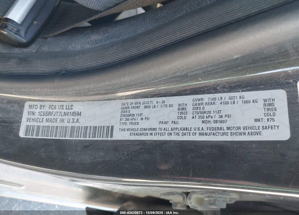 2020 RAM 1500 LAIE  4X4 5'7 BOX VIN: 1C6SRFJT7LN414594