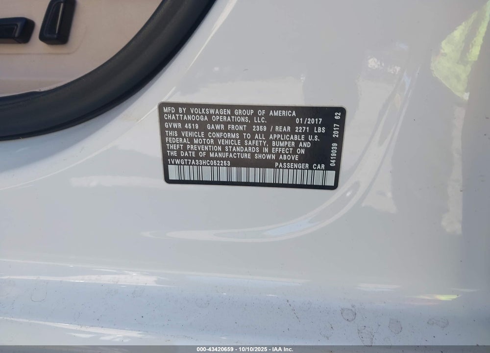 2017 VOLKSWAGEN PASSAT 1.8T SE VIN: 1VWGT7A33HC052253