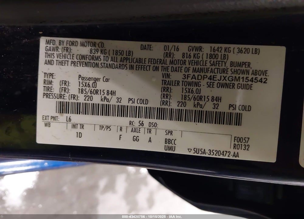 2016 FORD FIESTA SE VIN: 3FADP4EJXGM154542