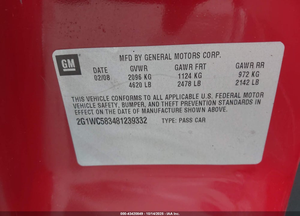 2008 CHEVROLET IMPALA VIN: 2G1WC583481239332