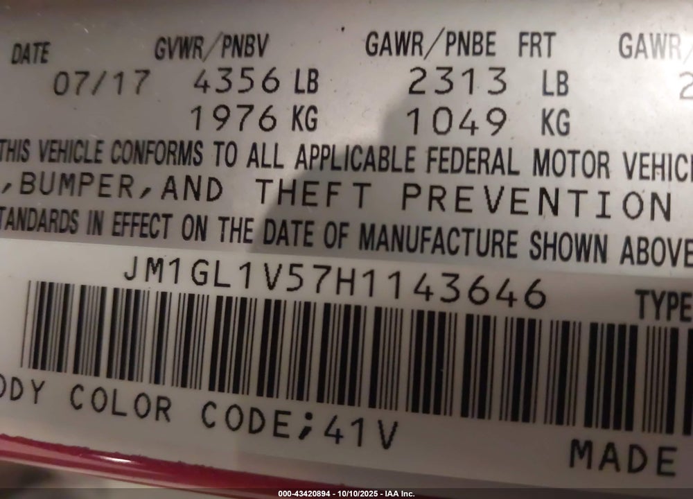 2017 MAZDA 6 TOURING VIN: JM1GL1V57H1143646
