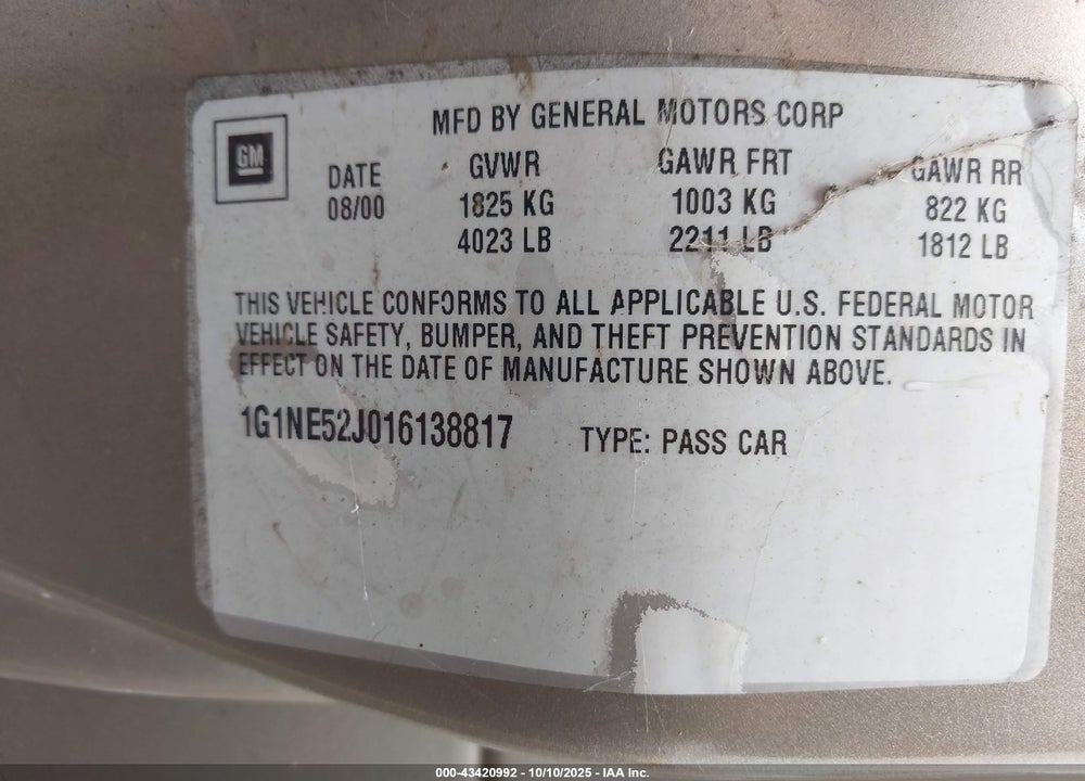 2001 CHEVROLET MALIBU LS VIN: 1G1NE52J016138817