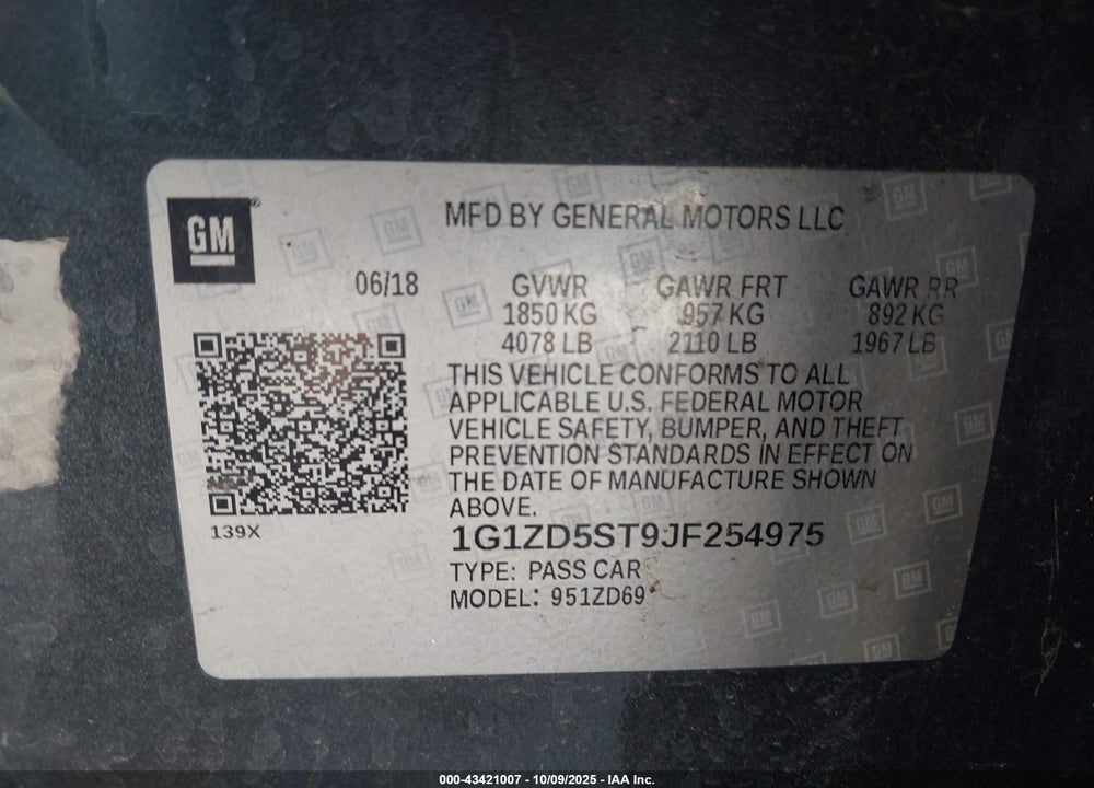 2018 CHEVROLET MALIBU LT VIN: 1G1ZD5ST9JF254975