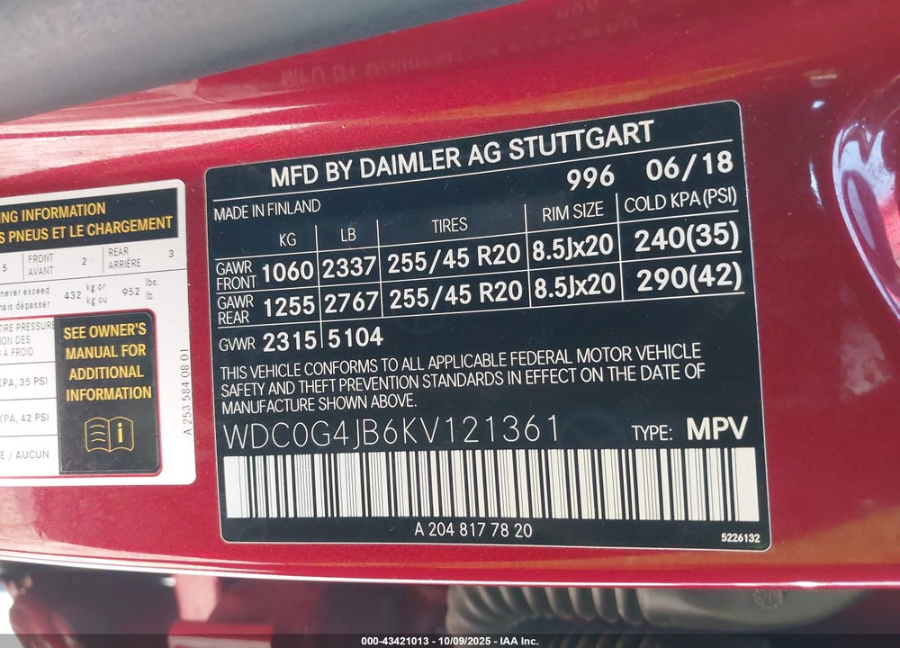 2019 MERCEDES-BENZ GLC 300 VIN: WDC0G4JB6KV121361
