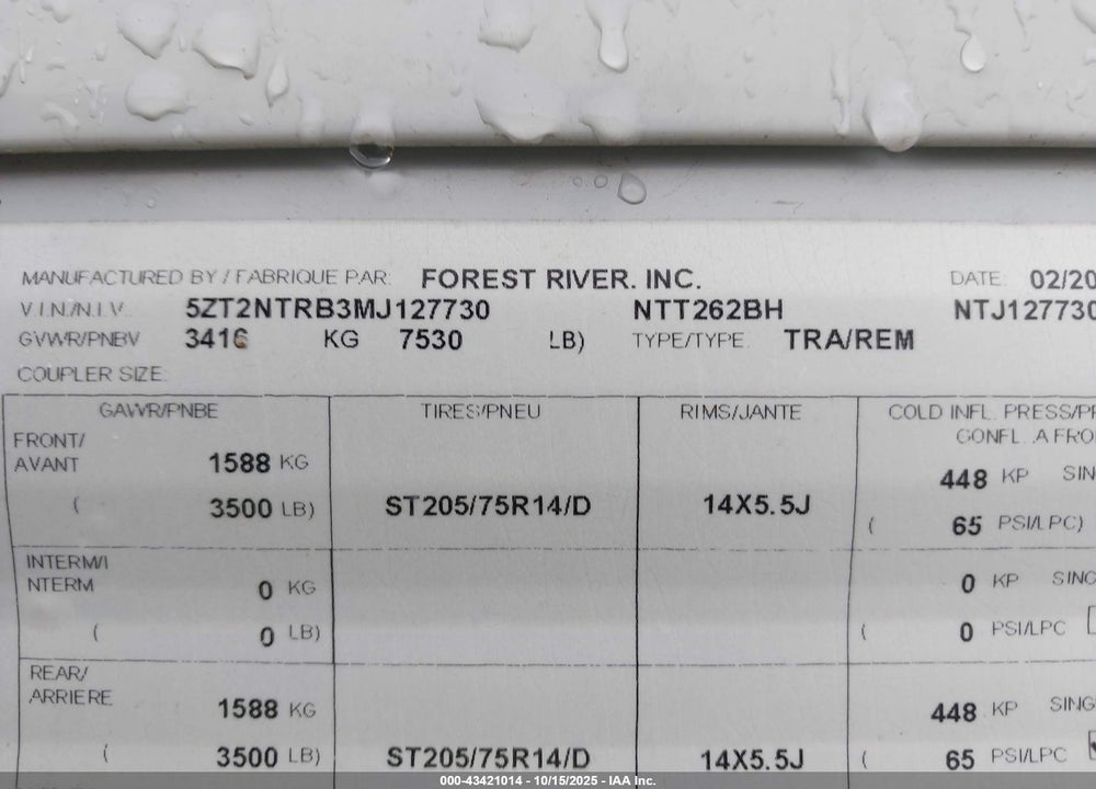 2021 FOREST RIVER INDEPENDENCE TRAIL 262 VIN: 5ZT2NTRB3MJ127730