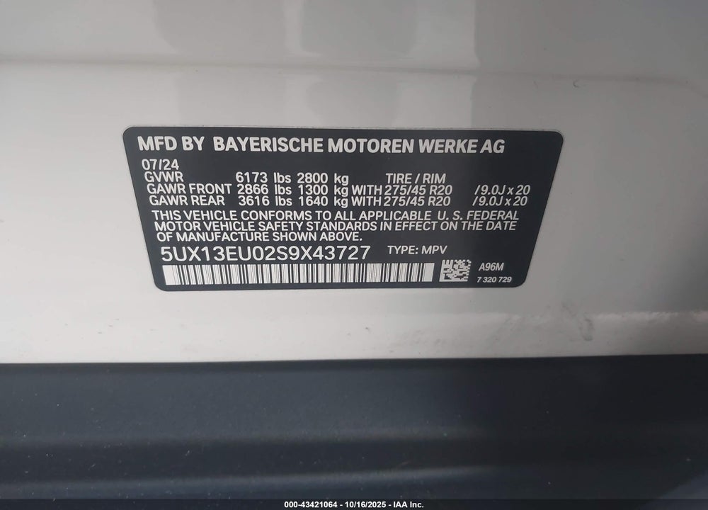 2025 BMW X5 SDRIVE40I VIN: 5UX13EU02S9X43727