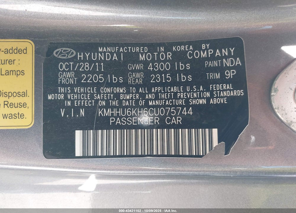 2012 HYUNDAI GENESIS VIN: KMHHU6KH6CU075744