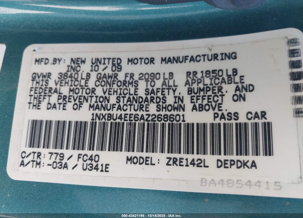 2010 TOYOTA COROLLA VIN: 1NXBU4EE6AZ268601