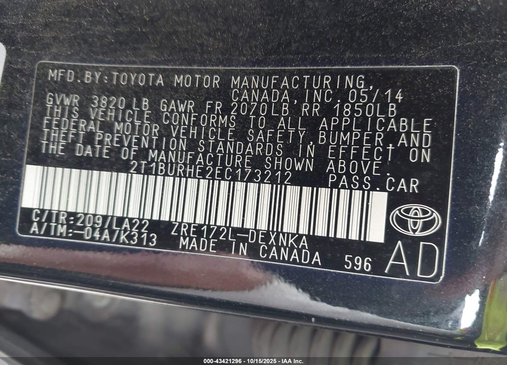 2014 TOYOTA COROLLA LE PREMIUM VIN: 2T1BURHE2EC173212