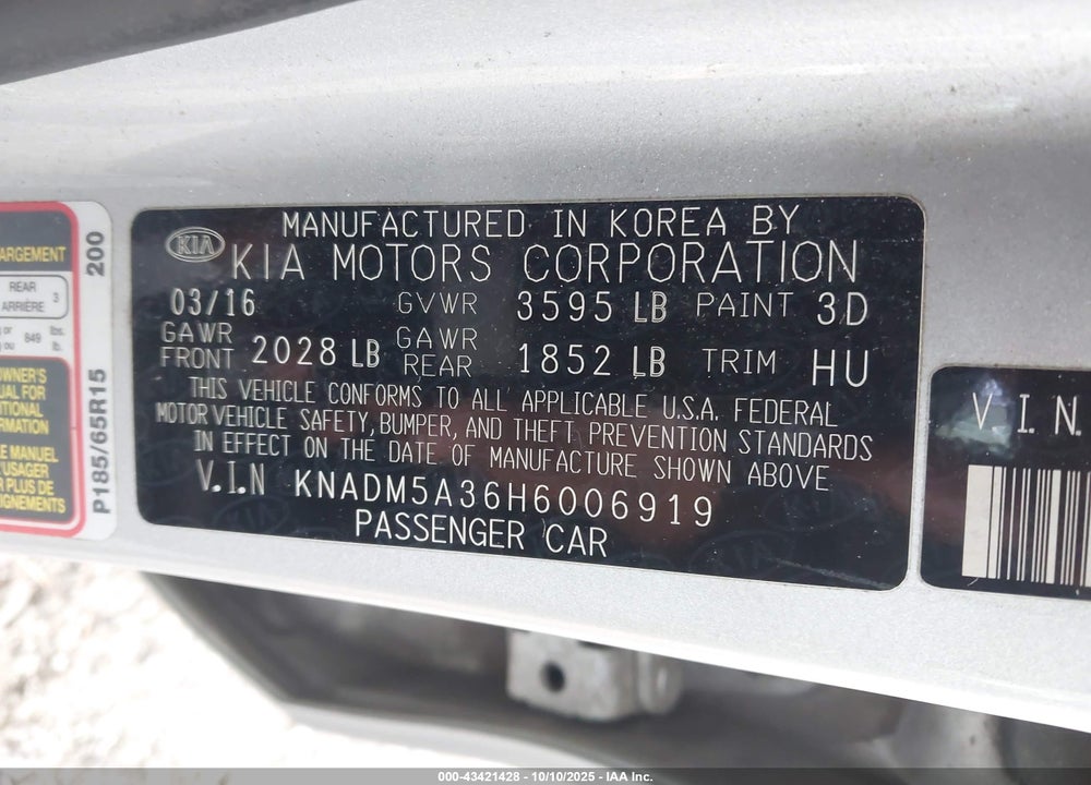 2017 KIA RIO VIN: KNADM5A36H6006919
