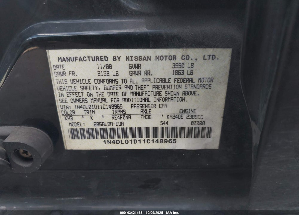 2001 NISSAN ALTIMA GXE VIN: 1N4DL01D11C148965
