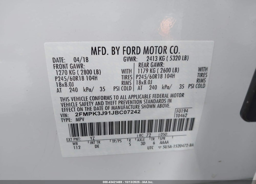 2018 FORD EDGE VIN: 2FMPK3J91JBC07242