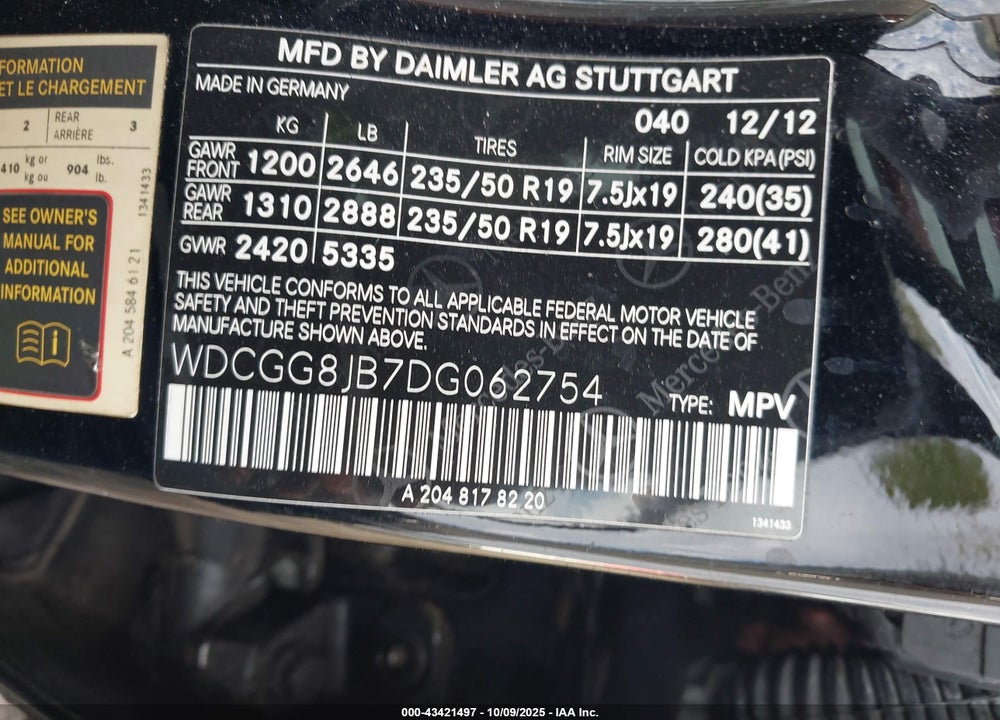 2013 MERCEDES-BENZ GLK-CLASS VIN: WDCGG8JB7DG062754
