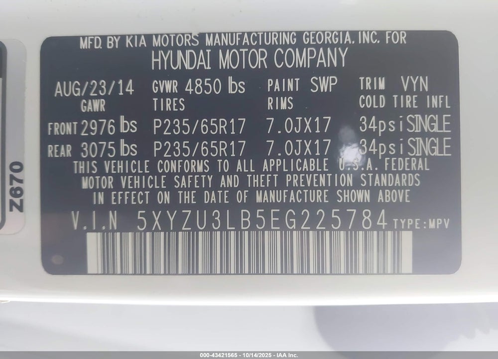 2014 HYUNDAI SANTA FE SPORT 2.4L VIN: 5XYZU3LB5EG225784
