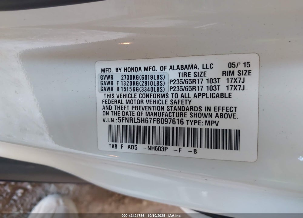 2015 HONDA ODYSSEY EX-L VIN: 5FNRL5H67FB097616