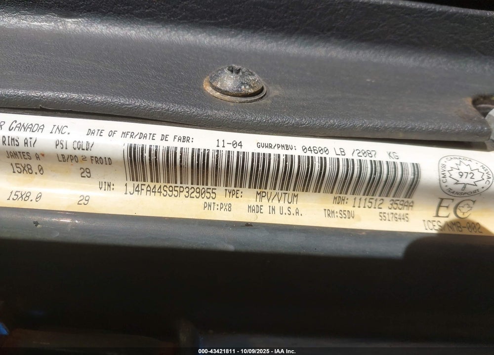 2005 JEEP TJ UNLIMITED VIN: 1J4FA44S95P329055