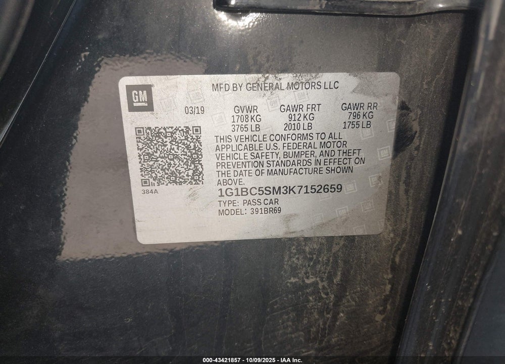 2019 CHEVROLET CRUZE LS VIN: 1G1BC5SM3K7152659