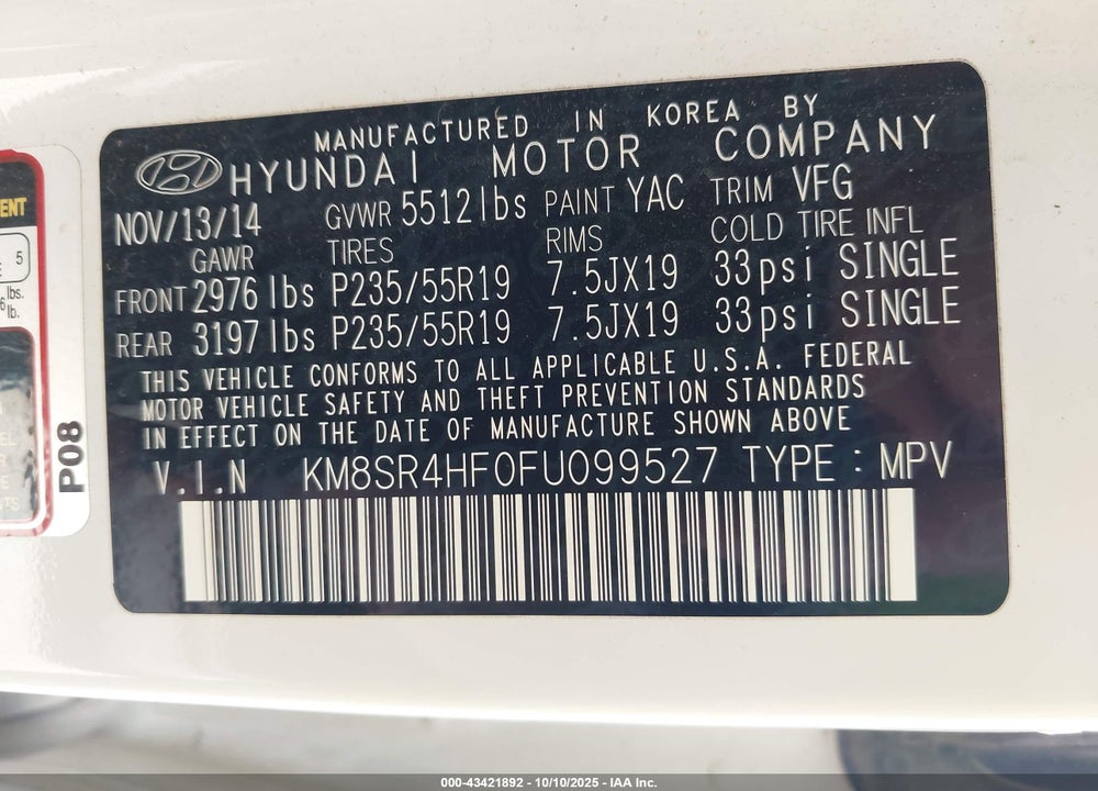 2015 HYUNDAI SANTA FE VIN: KM8SR4HF0FU099527