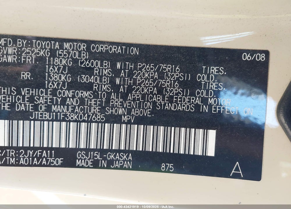 2008 TOYOTA FJ CRUISER VIN: JTEBU11F38K047685