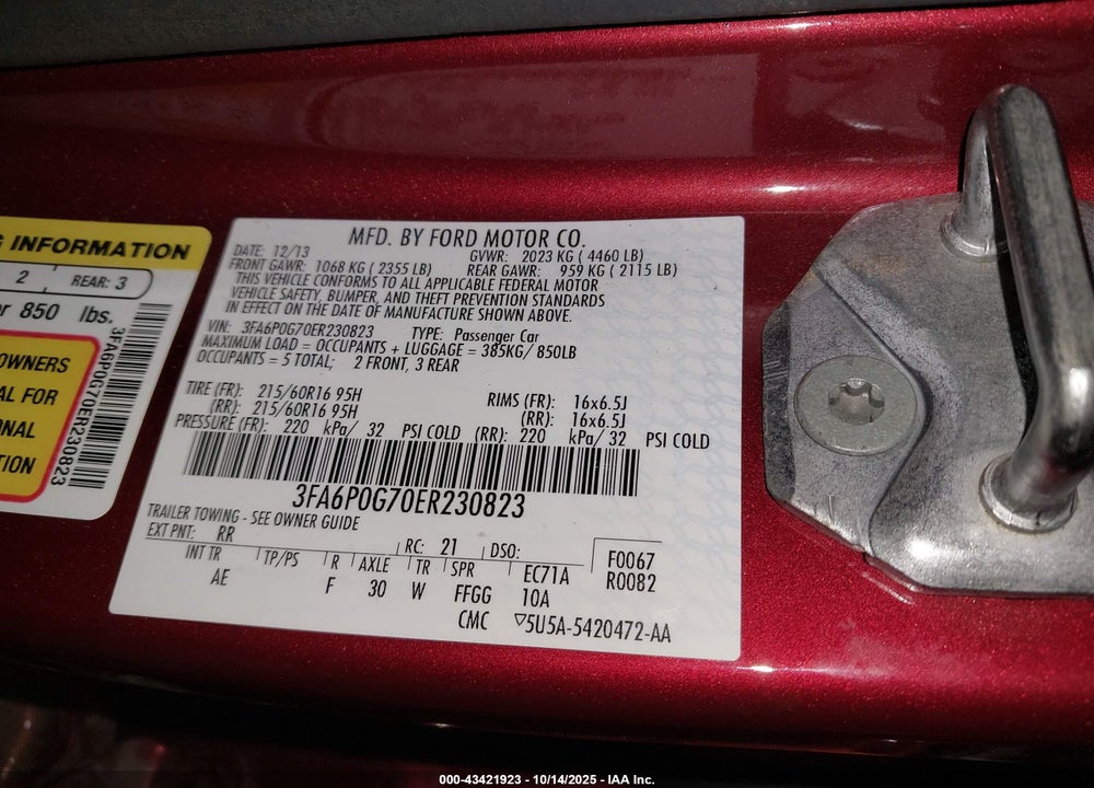 2014 FORD FUSION S VIN: 3FA6P0G70ER230823