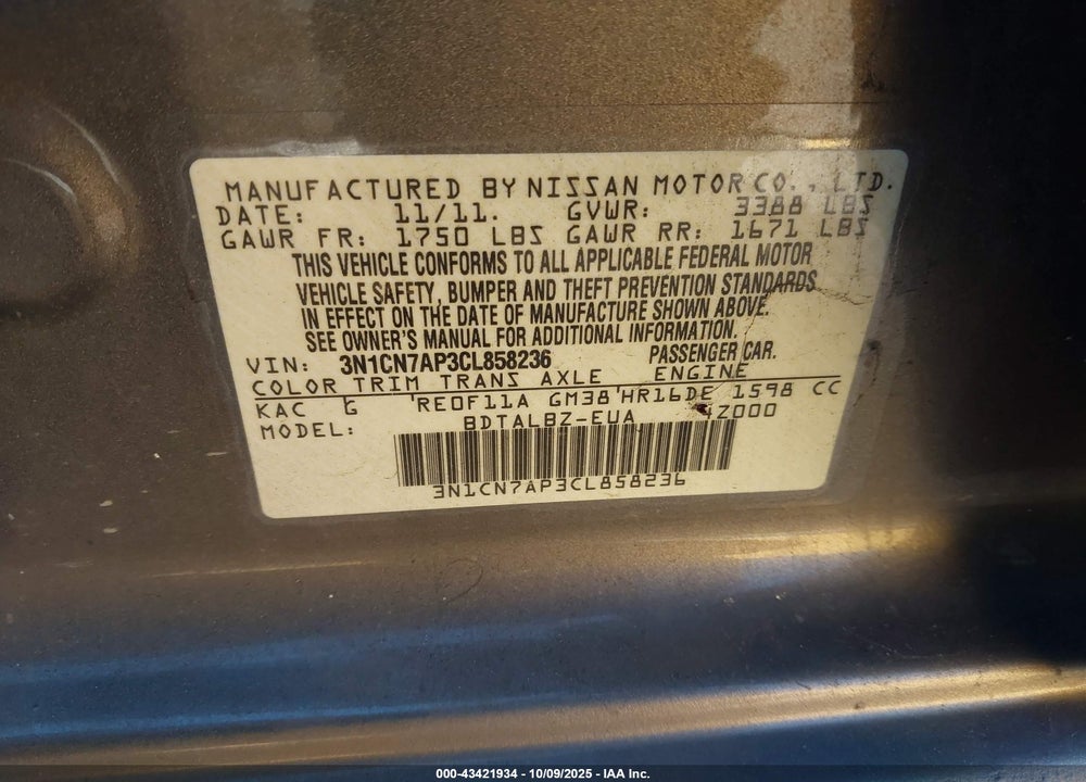 2012 NISSAN VERSA VIN: 3N1CN7AP3CL858236