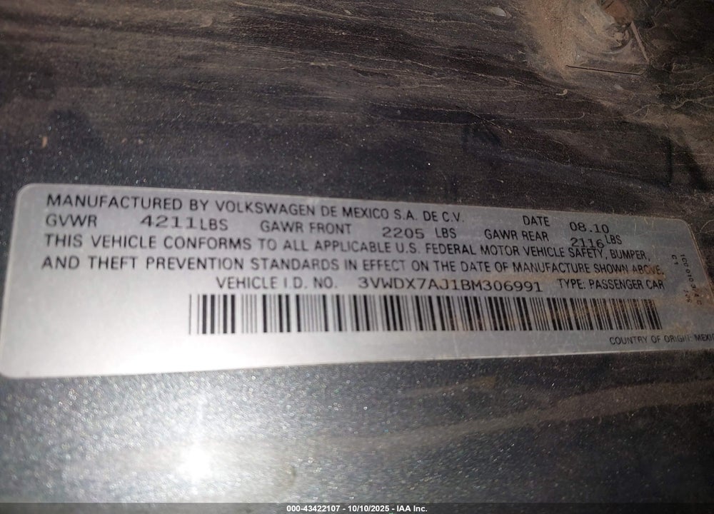 2011 VOLKSWAGEN JETTA 2.5L SE VIN: 3VWDX7AJ1BM306991