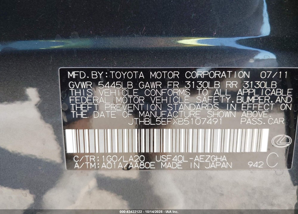 2011 LEXUS LS 460 VIN: JTHBL5EFXB5107491