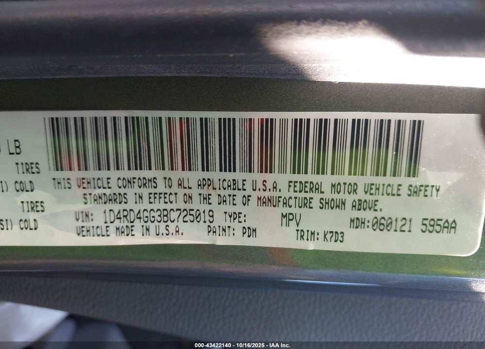 2011 DODGE DURANGO VIN: 1D4RD4GG3BC725019