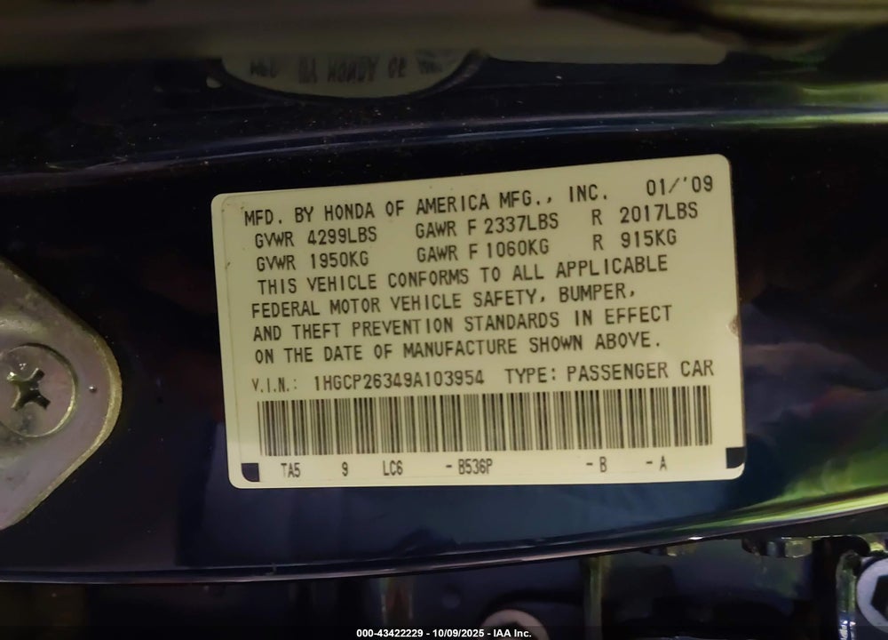 2009 HONDA ACCORD 2.4 LX VIN: 1HGCP26349A103954